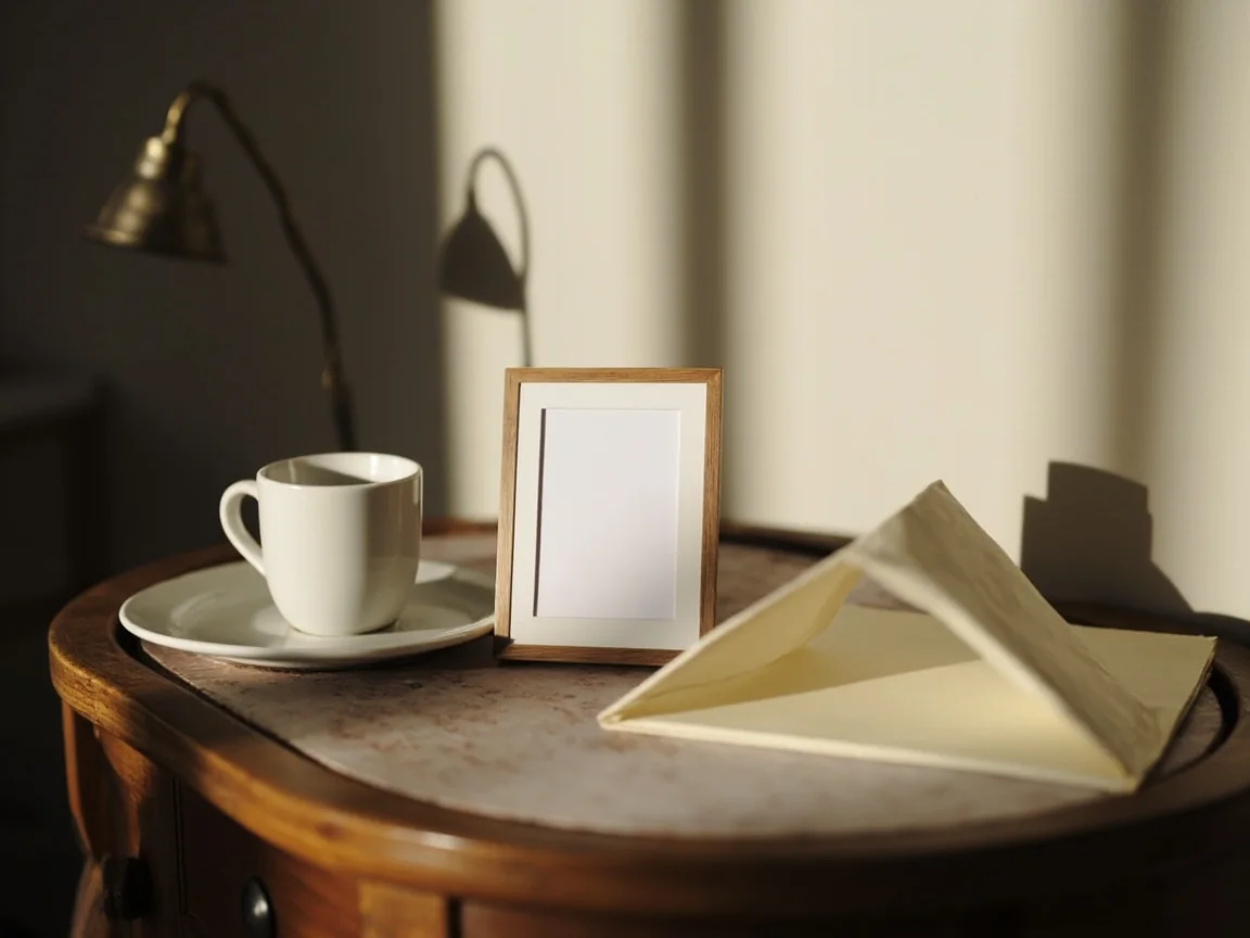 A folded printed card resting beside a folded helpline slip on dark wood