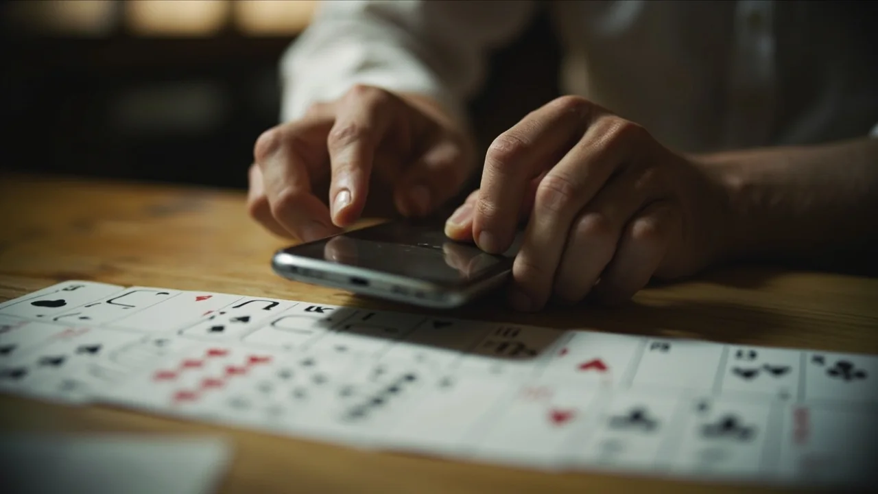 A mobile phone rest on a wooden table beside a printed card stack