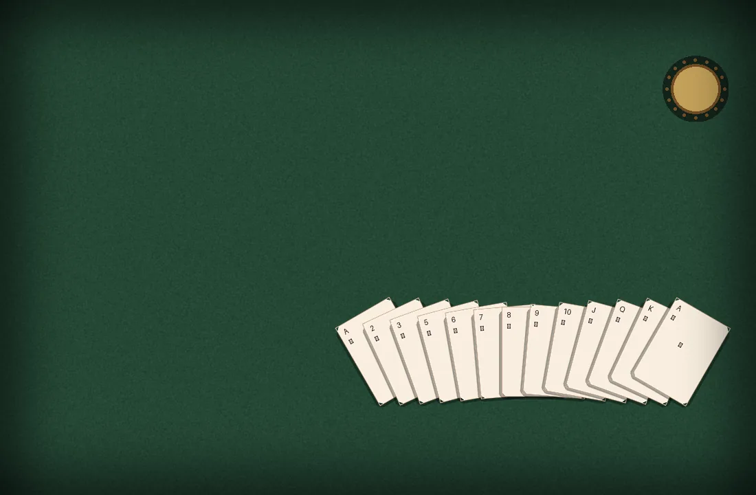 A player's hand of thirteen printed cards laid face-up on a dark wooden surface during a quiet game