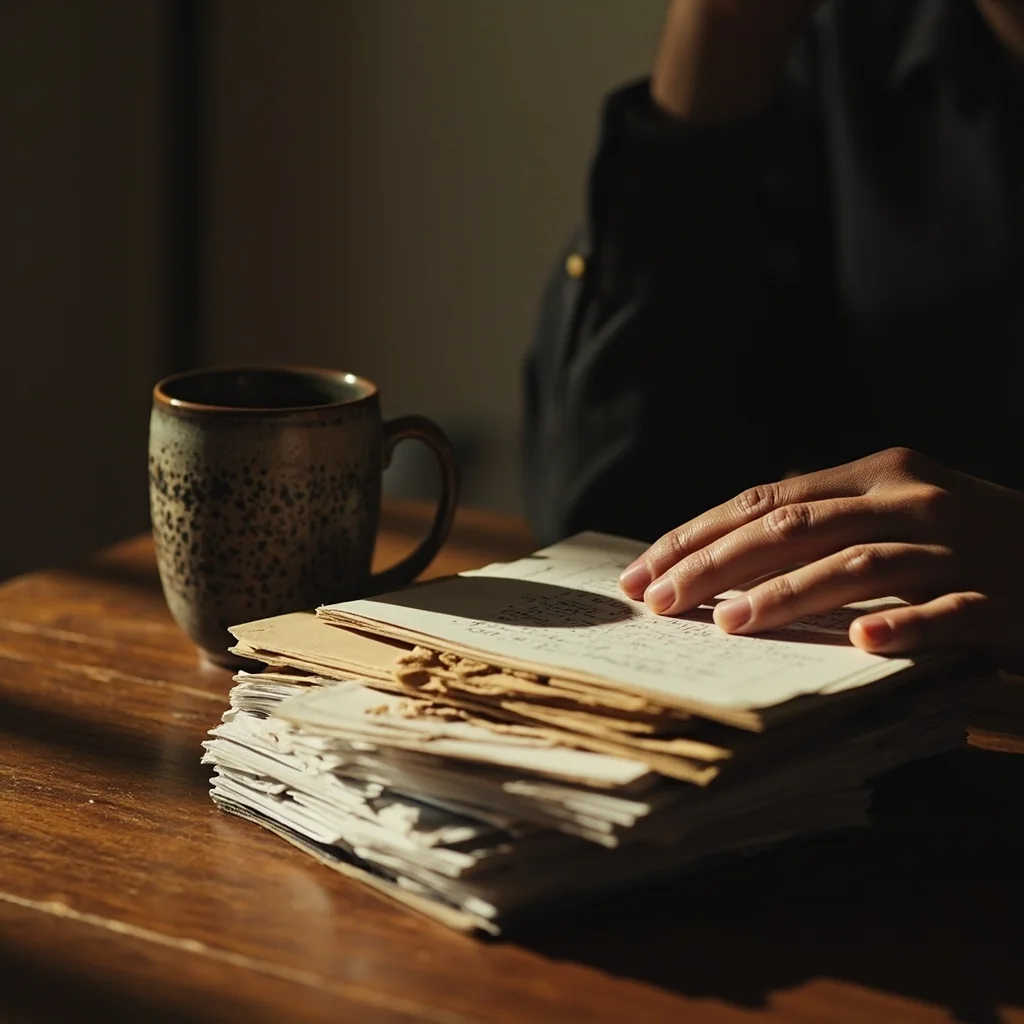 A quiet editorial desk with a printed manuscript and a small stack of cards