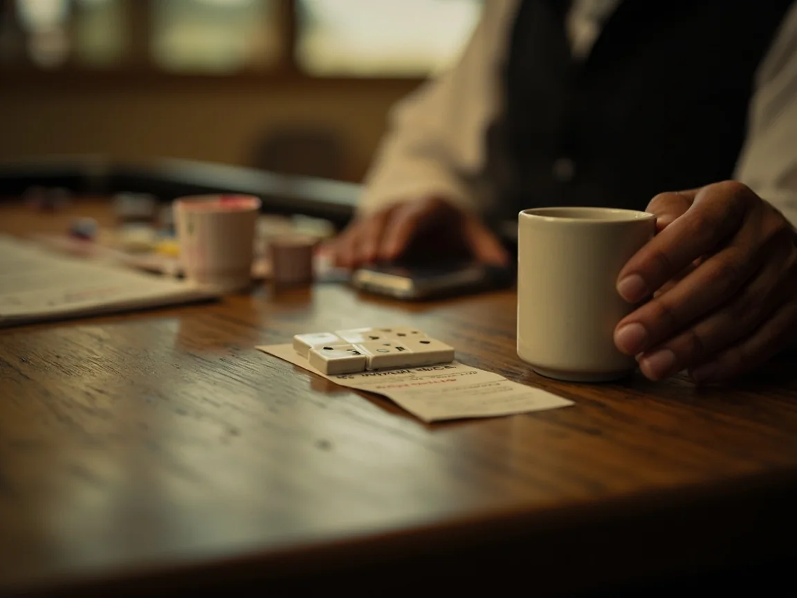 A folded printed terms card rests beside a small editorial card