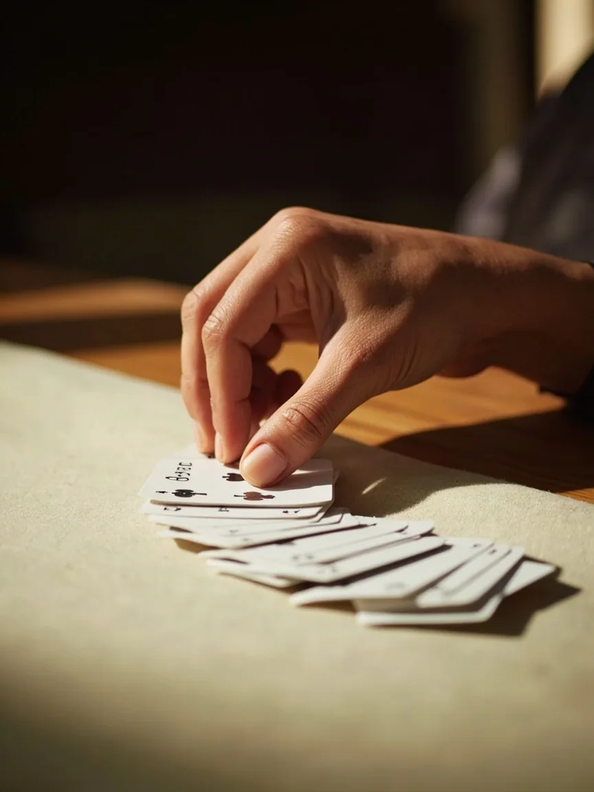 A printed discard pile beside a folded scorecard on dark wood